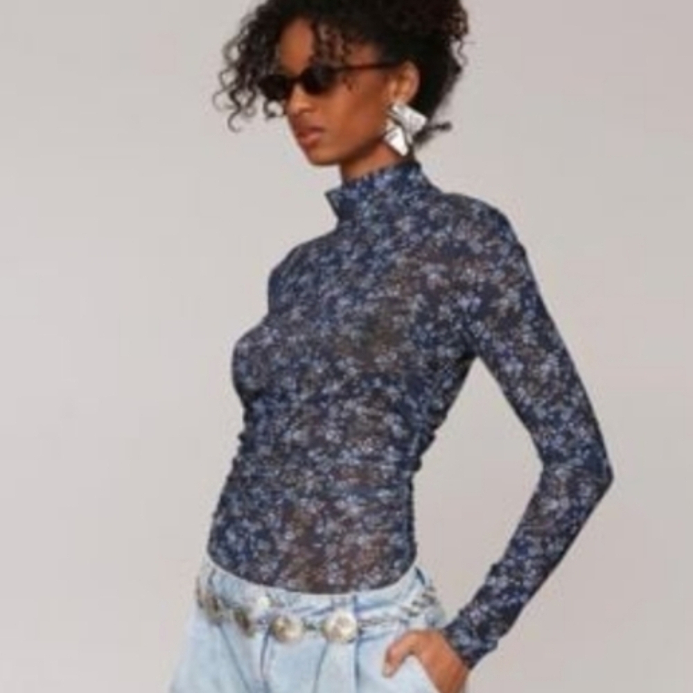AVEC LES FILLES Mesh Navy Floral Mock-Neck Long Sleeve Top SMALL